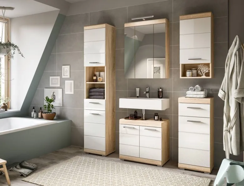 Badezimmer-Set Lambada Eiche Sonoma Nachbildung weiß Hochglanz B/H/T: ca. 60x191x34 cm