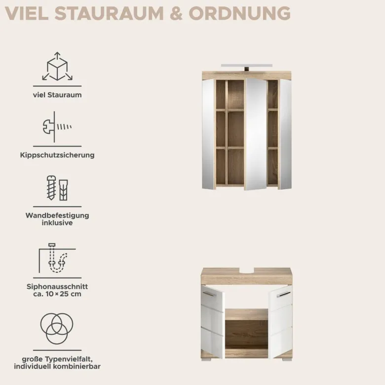 Badezimmer-Set Lambada Eiche Sonoma Nachbildung weiß Hochglanz B/H/T: ca. 60x191x34 cm