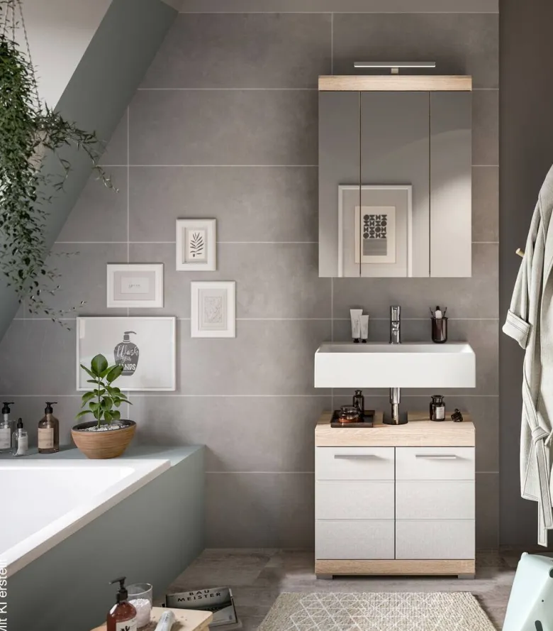 Badezimmer-Set Lambada Eiche Sonoma Nachbildung weiß Hochglanz B/H/T: ca. 60x191x34 cm