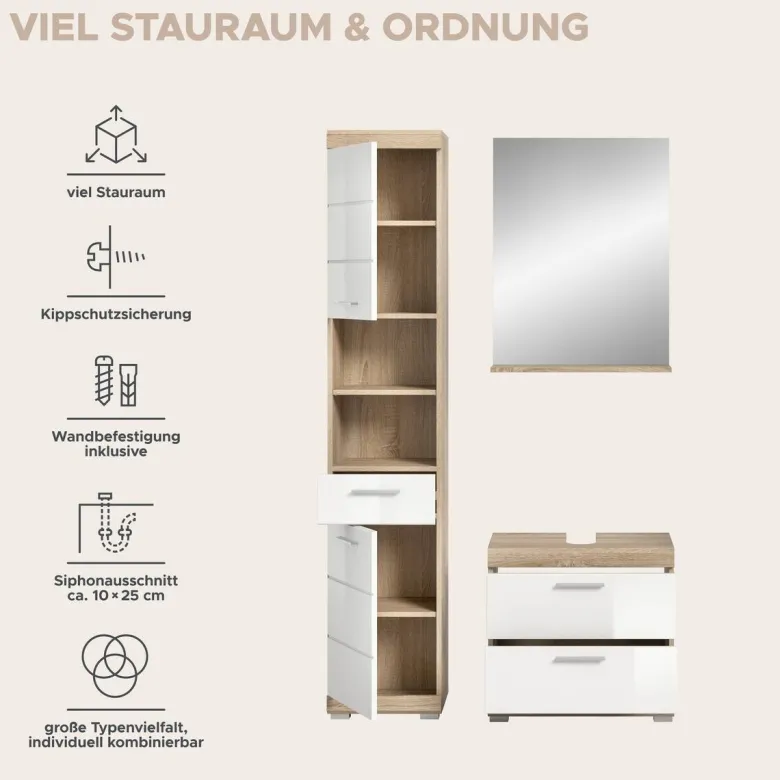 Badezimmer-Set Lambada Eiche Sonoma Nachbildung weiß Hochglanz B/H/T: ca. 112x191x37 cm
