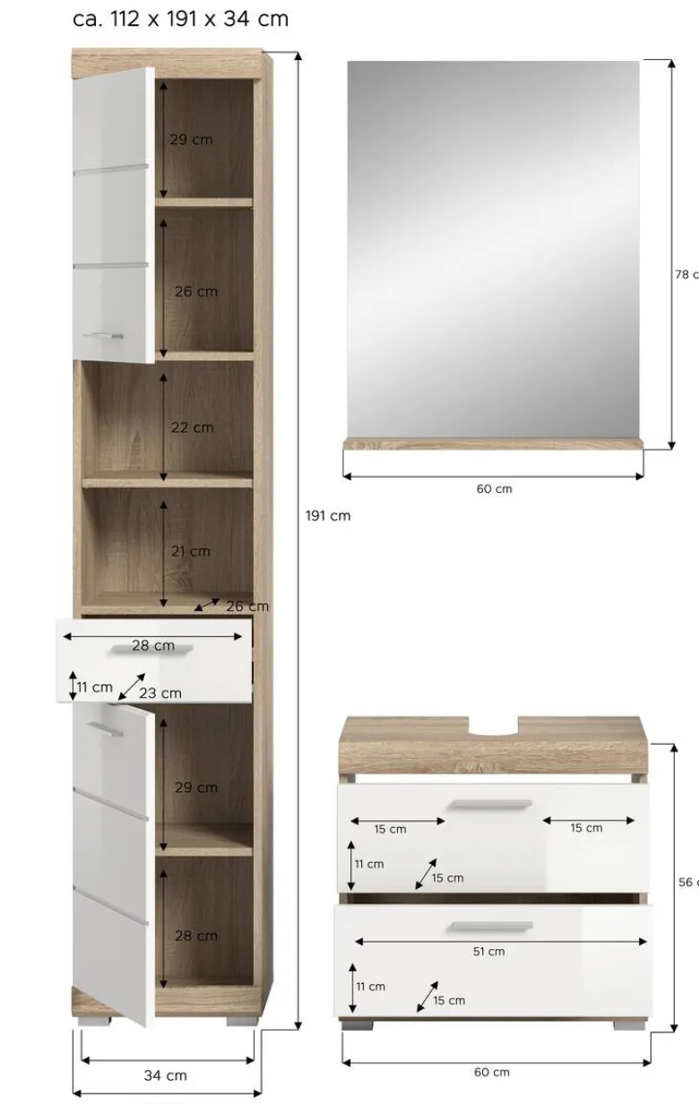 Badezimmer-Set Lambada Eiche Sonoma Nachbildung weiß Hochglanz B/H/T: ca. 112x191x37 cm