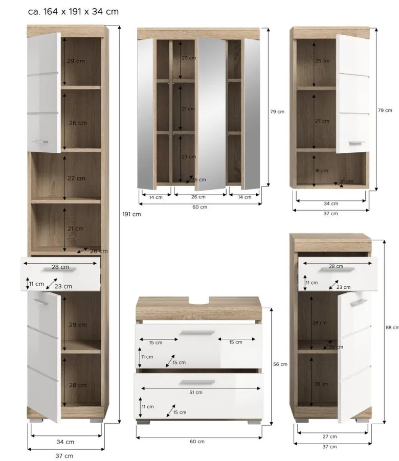 Badezimmer-Set Lambada Eiche Sonoma Nachbildung weiß Hochglanz B/H/T: ca. 164x191x37 cm