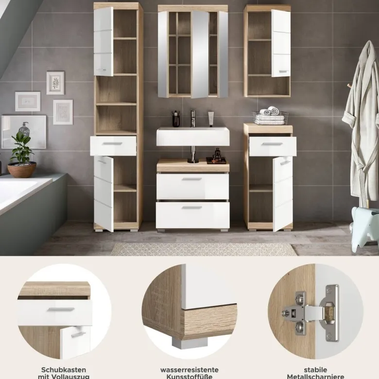 Badezimmer-Set Lambada Eiche Sonoma Nachbildung weiß Hochglanz B/H/T: ca. 164x191x37 cm