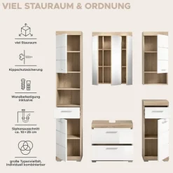Badezimmer-Set Lambada Eiche Sonoma Nachbildung weiß Hochglanz B/H/T: ca. 164x191x37 cm