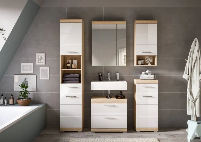 Badezimmer-Set Lambada Eiche Sonoma Nachbildung weiß Hochglanz B/H/T: ca. 164x191x37 cm