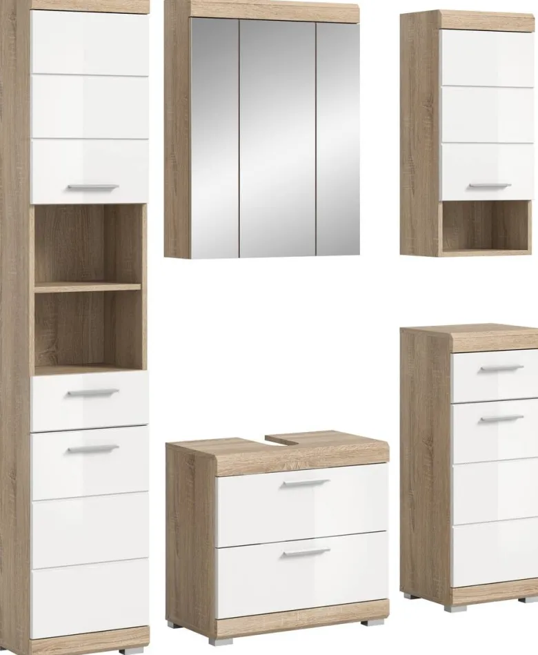 Badezimmer-Set Lambada Eiche Sonoma Nachbildung weiß Hochglanz B/H/T: ca. 164x191x37 cm