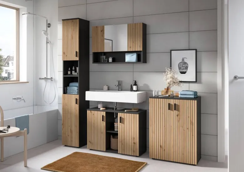 Badezimmer-Set Mone Basalt Nachbildung Artisan Oak Nachbildung B/H/T: ca. 125x192x30 cm