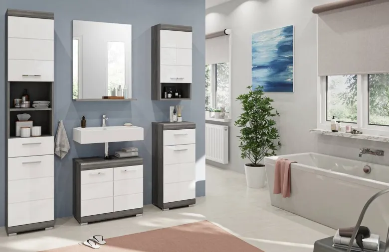 Badezimmer-Set Scout Eiche Rauchsilber Nachbildung weiß Hochglanz B/H/T: ca. 164x191x34 cm