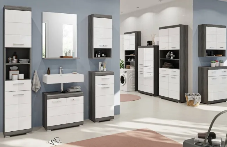 Badezimmer-Set Scout Eiche Rauchsilber Nachbildung weiß Hochglanz B/H/T: ca. 164x191x34 cm