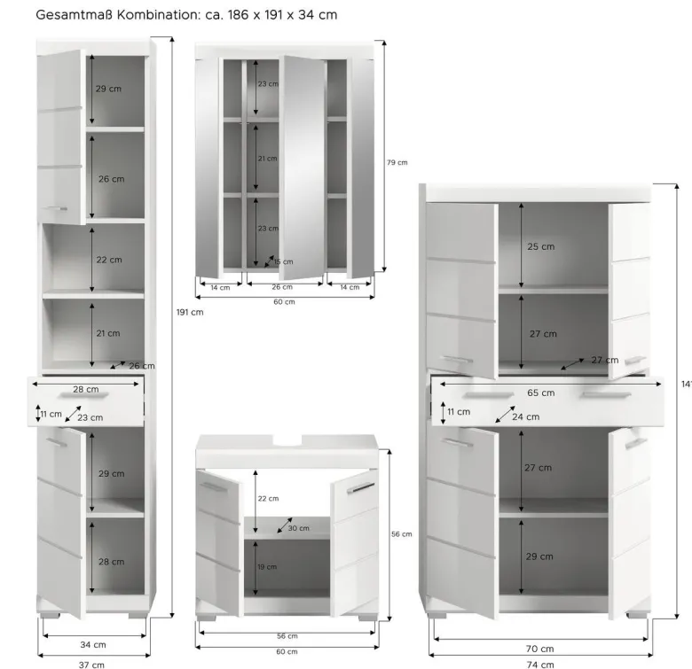 Badezimmer-Set Scout weiß weiß Hochglanz B/H/T: ca. 186x191x34 cm