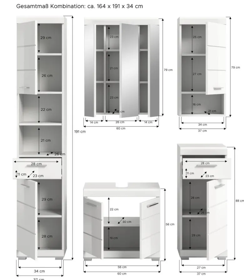 Badezimmer-Set Scout weiß weiß Hochglanz B/H/T: ca. 164x191x34 cm