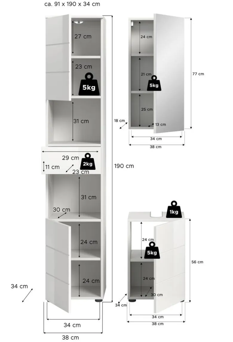 Badezimmer-Set VIRA weiß weiß Hochglanz B/H/T: ca. 91x190x34 cm