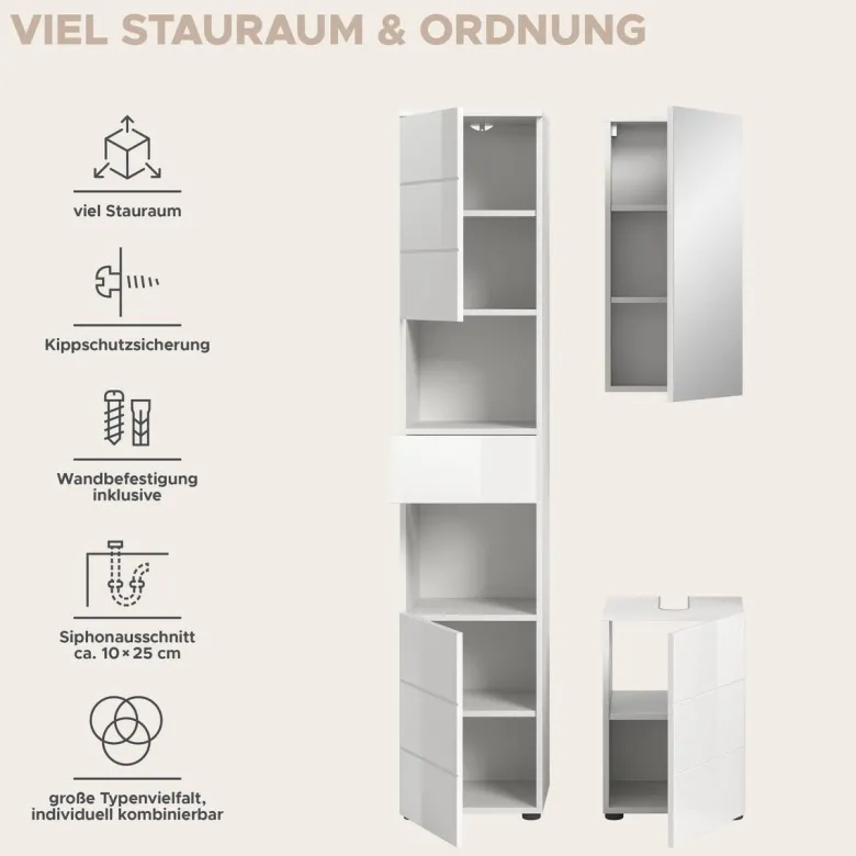 Badezimmer-Set VIRA weiß weiß Hochglanz B/H/T: ca. 91x190x34 cm