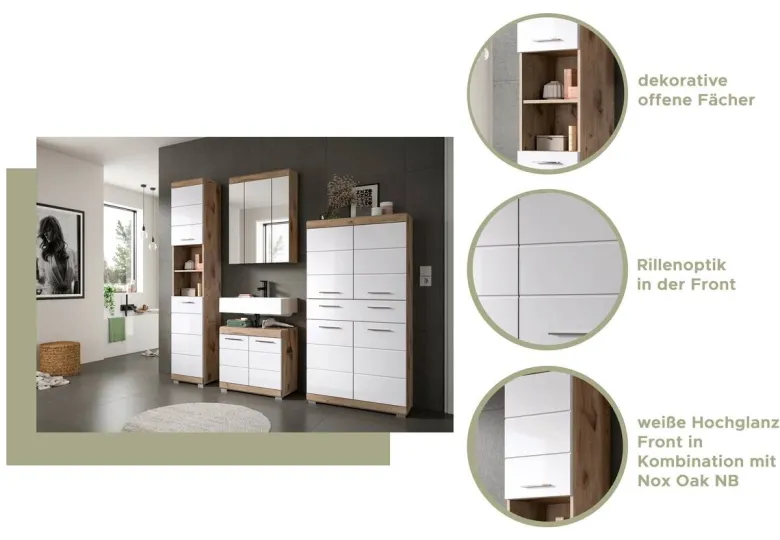 Badezimmer-Set Wave weiß Hochglanz Nox Oak Nachbildung B/H/T: ca. 60x191x34 cm