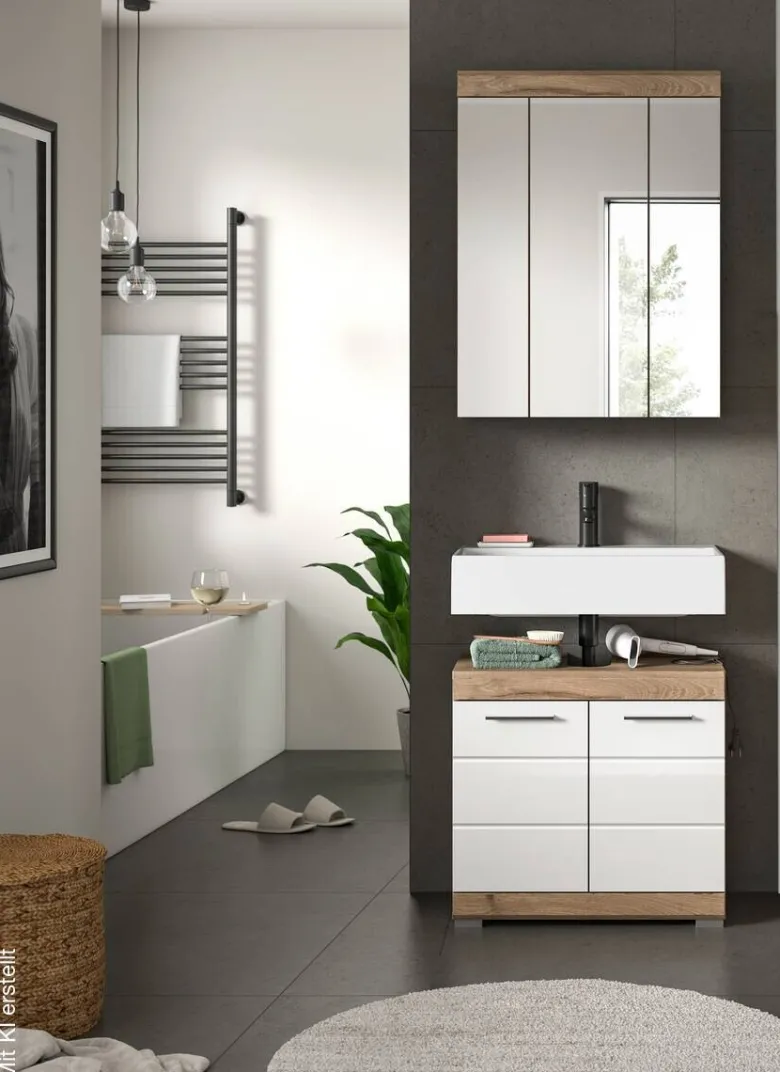 Badezimmer-Set Wave weiß Hochglanz Nox Oak Nachbildung B/H/T: ca. 60x191x34 cm
