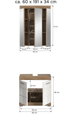 Badezimmer-Set Wave weiß Hochglanz Nox Oak Nachbildung B/H/T: ca. 60x191x34 cm