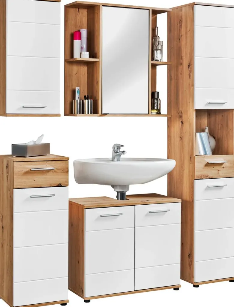 Badhängeschrank Bergen Eiche Artisan Nachbildung weiß Hochglanz B/H/T: ca. 35x74x23 cm