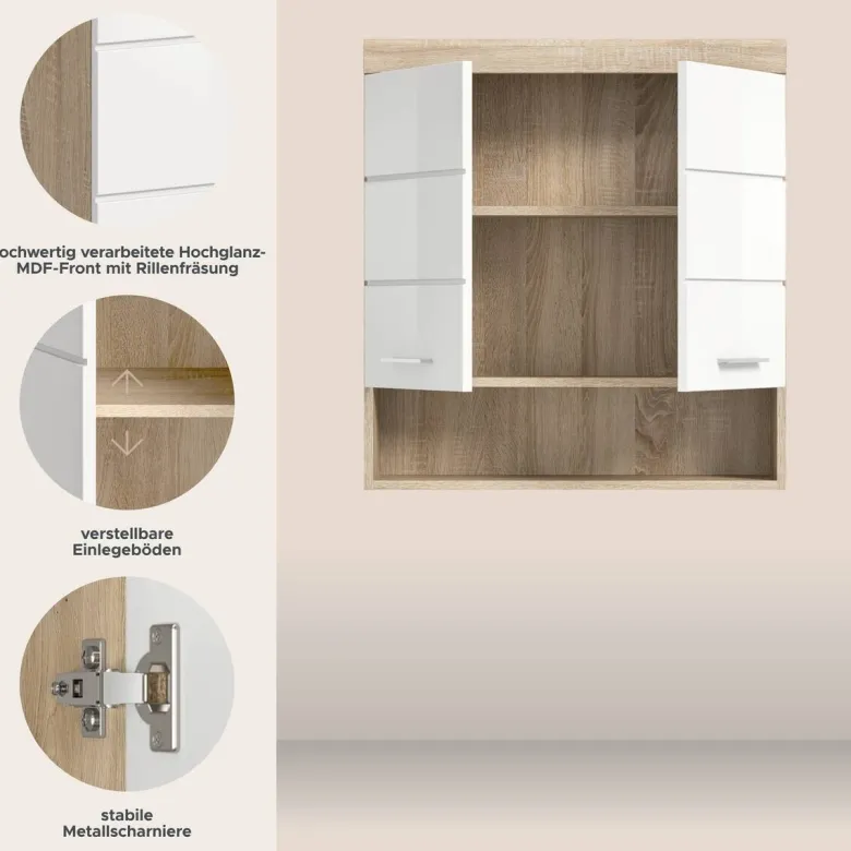 Badhängeschrank Lambada Eiche Sonoma Nachbildung weiß Hochglanz B/H/T: ca. 74x79x24 cm