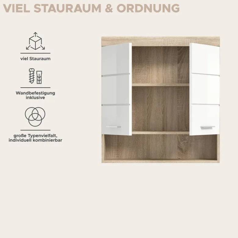 Badhängeschrank Lambada Eiche Sonoma Nachbildung weiß Hochglanz B/H/T: ca. 74x79x24 cm