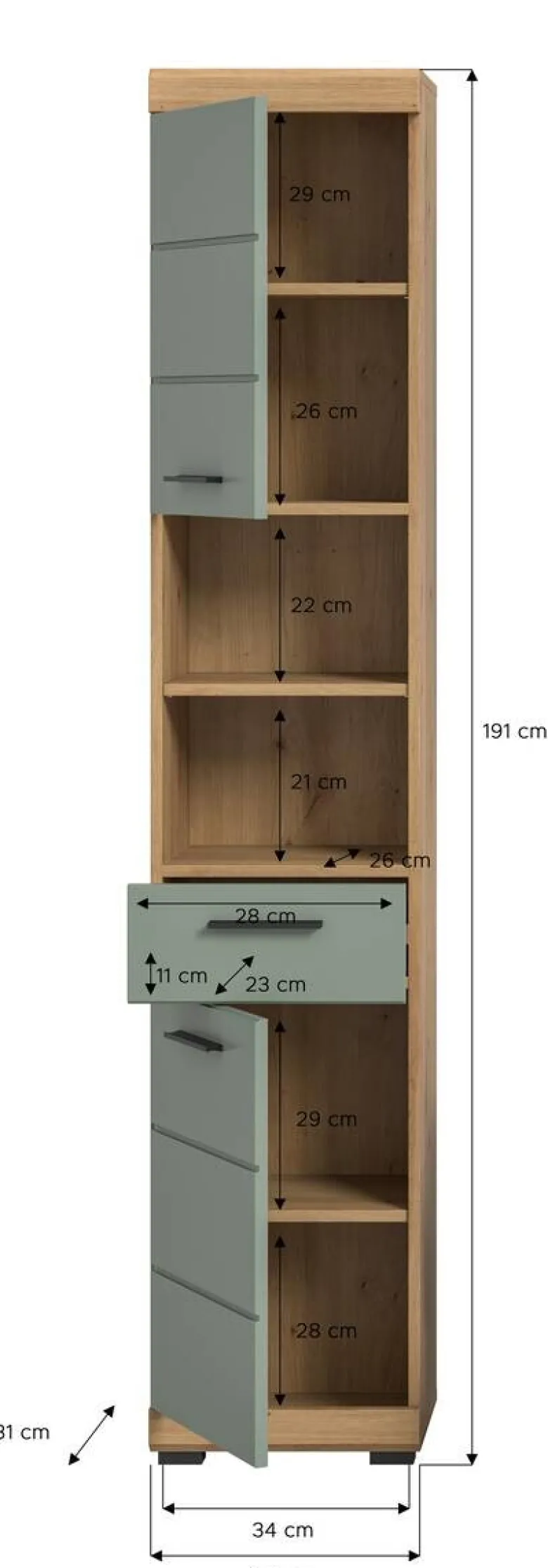 Badhochschrank Scout Eiche Artisan Nachbildung salbei Nachbildung B/H/T: ca. 37x191x31 cm