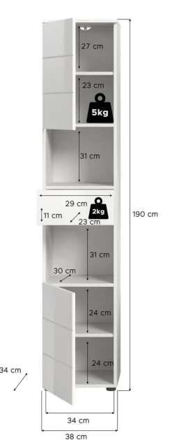 Badhochschrank VIRA weiß weiß Hochglanz B/H/T: ca. 38x190x34 cm
