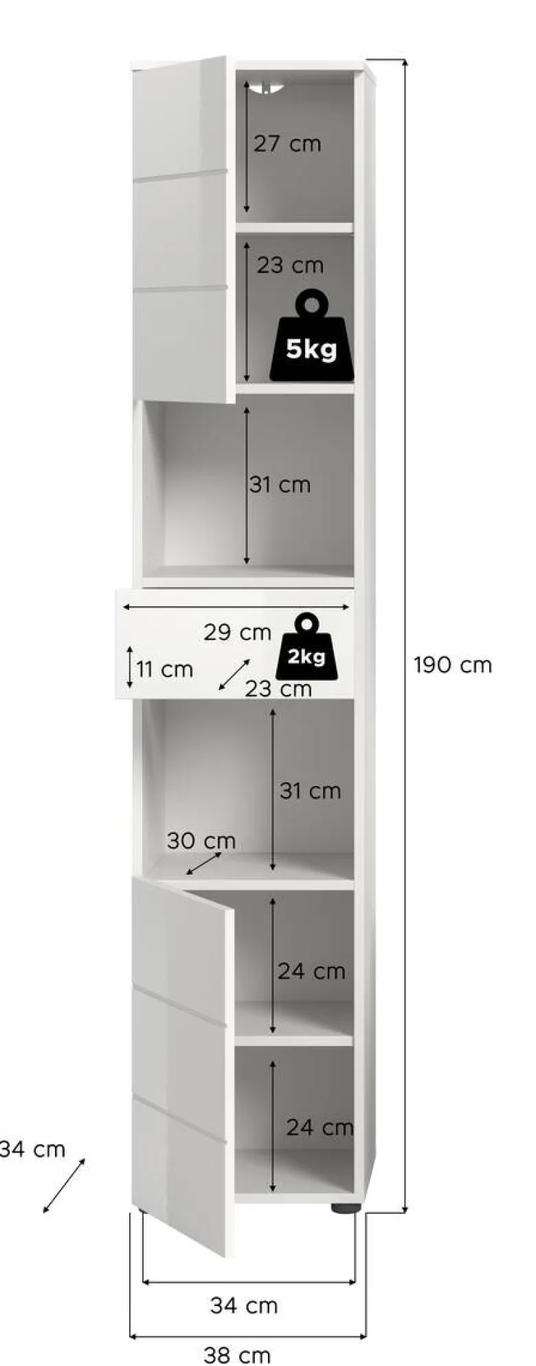 Badhochschrank VIRA weiß weiß Hochglanz B/H/T: ca. 38x190x34 cm