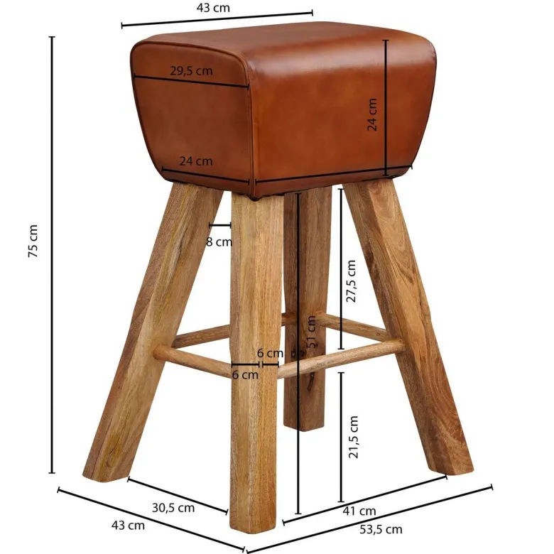 Barhocker braun natur Leder Echtholz B/H/T: ca. 43x75x43 cm