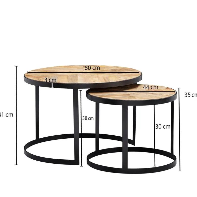Beistelltisch 2er-Set. natur natur schwarz pulverbeschichtet Akazie MDF Eisen