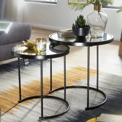 Beistelltisch 2er-Set. schwarz lackiert Glas Metall