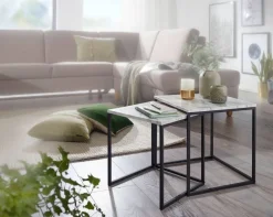 Beistelltisch 2er-Set. weiß Marmor Optik schwarz pulverbeschichtet MDF Stahl