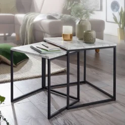 Beistelltisch 2er-Set. weiß Marmor Optik schwarz pulverbeschichtet MDF Stahl