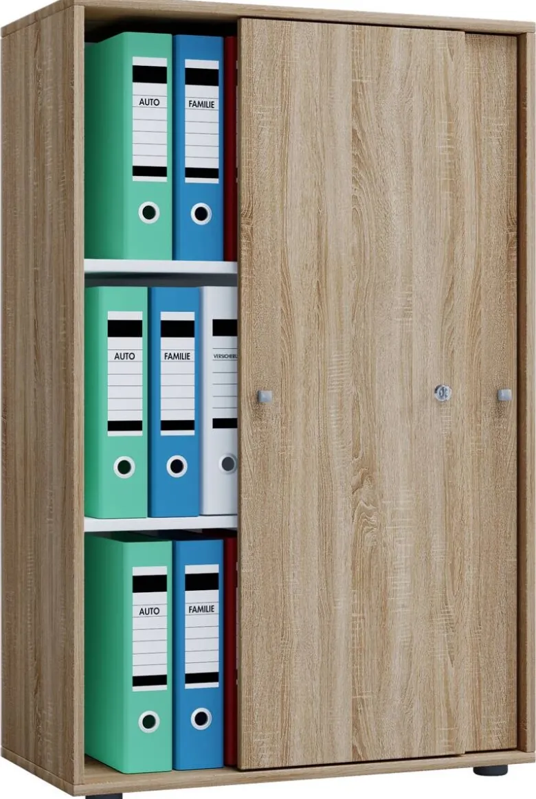 Büroschrank Lona XL mit Schiebetüren Eiche Sonoma Nachbildung weiß B/H/T: ca. 70x110x37 cm