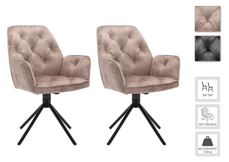 byLIVING Sessel SARINA 2er-Set beige Vintage Samt Metall B/H/T: ca. 59,5x89x62 cm