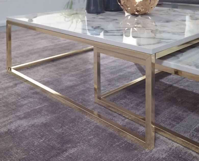 Couchtisch 2er-Set. weiß Marmor Optik gold lackiert