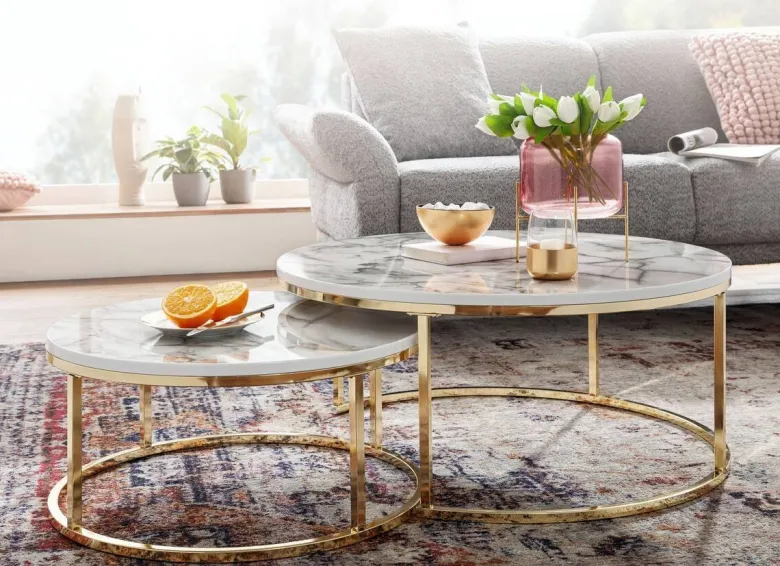 Couchtisch 2er-Set weiß Marmor Optik gold lackiert