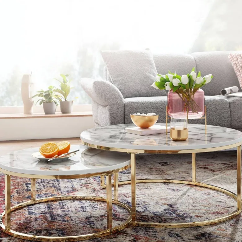 Couchtisch 2er-Set weiß Marmor Optik gold lackiert