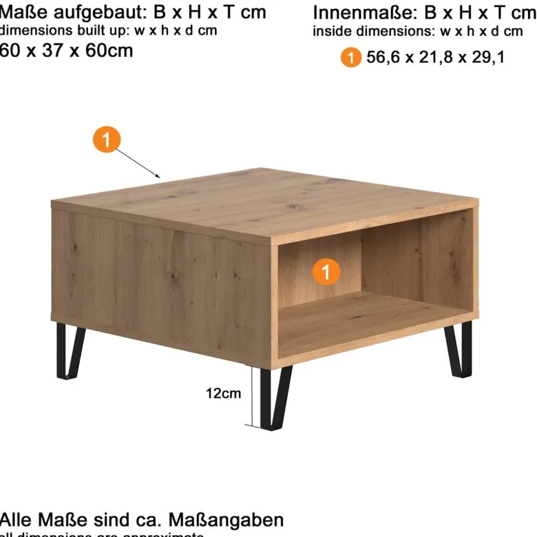 Couchtisch Touch Eiche Artisan Nachbildung B/H/T: ca. 60x37x60 cm