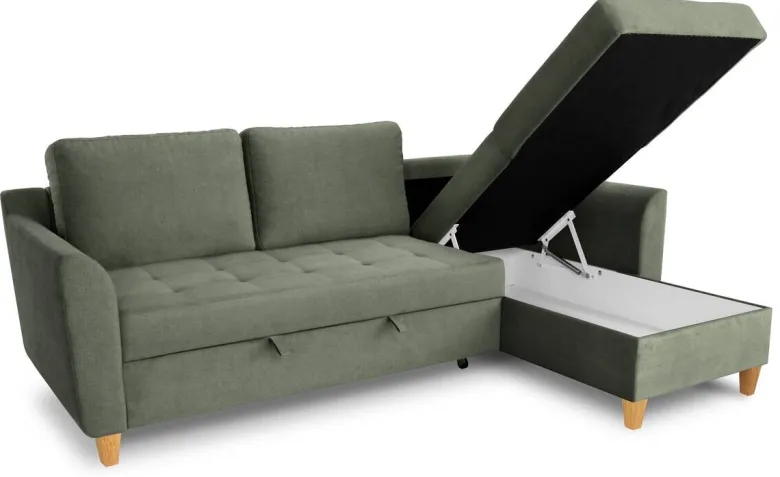 Ecksofa mit Bettfunktion und Bettkasten hellgrün Microfaser B/H/T: ca. 231x86x150 cm