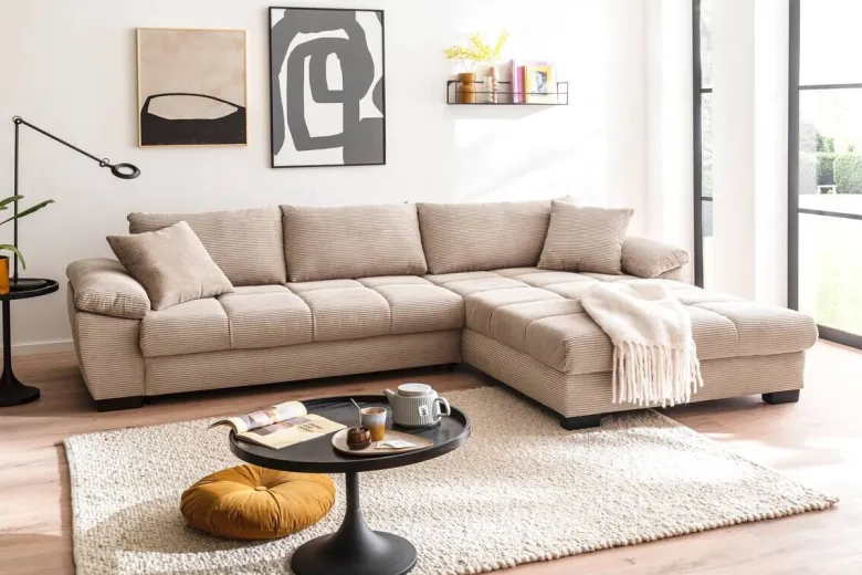 Ecksofa mit Bettfunktion und Bettkasten taupe Microfaser B/H/T: ca. 323x88x211 cm