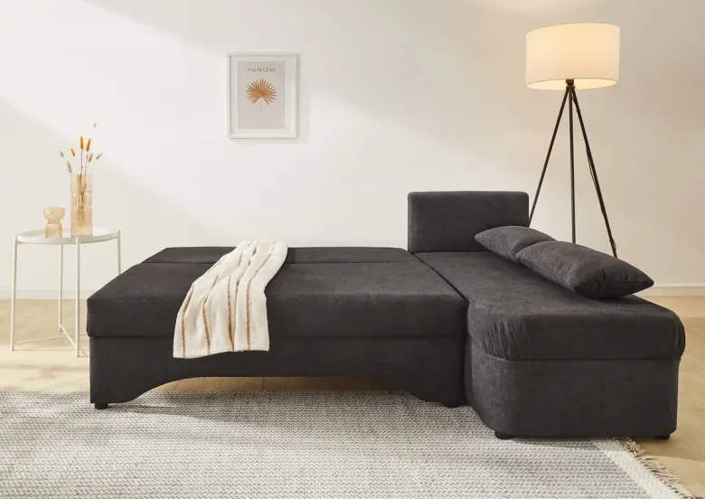 Ecksofa mit Bettfunktion und Bettkasten grau Microfaser B/H/T: ca. 191x70x142 cm