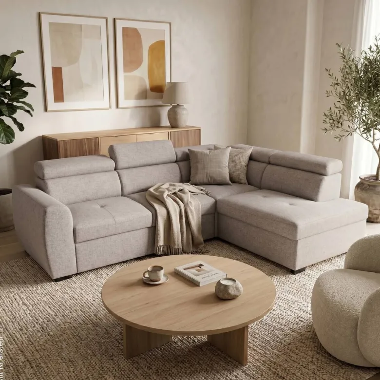 Ecksofa mit Bettfunktion und Bettkasten beige Webstoff B/H/T: ca. 245x184x87 cm
