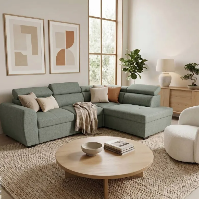 Ecksofa mit Bettfunktion und Bettkasten salbei Webstoff B/H/T: ca. 245x184x87 cm