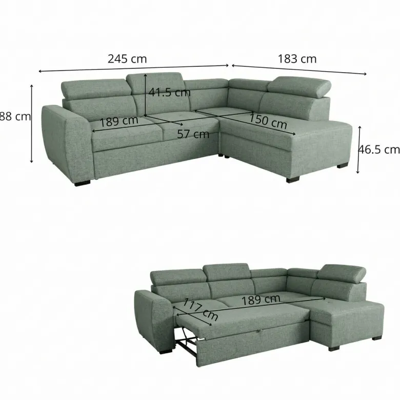 Ecksofa mit Bettfunktion und Bettkasten salbei Webstoff B/H/T: ca. 245x184x87 cm