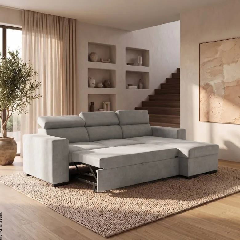 Ecksofa mit Bettfunktion und Bettkasten hellgrau Webstoff B/H/T: ca. 237x88x167 cm