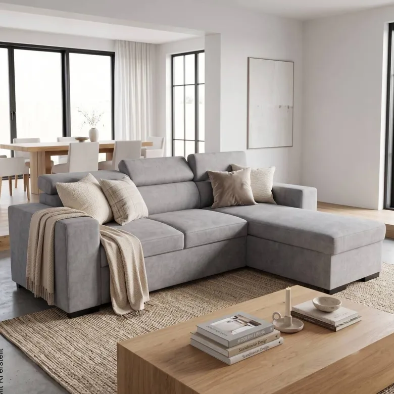 Ecksofa mit Bettfunktion und Bettkasten hellgrau Webstoff B/H/T: ca. 237x88x167 cm