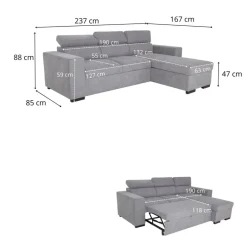 Ecksofa mit Bettfunktion und Bettkasten hellgrau Webstoff B/H/T: ca. 237x88x167 cm