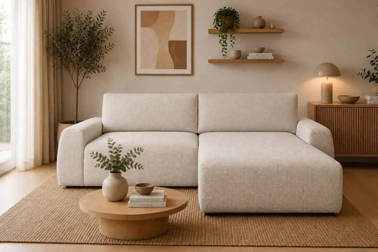 Ecksofa mit Bettfunktion und Bettkasten beige Microfaser B/H/T: ca. 293x88x172 cm