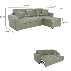 Ecksofa mit Bettfunktion und Bettkasten grün Webstoff B/H/T: ca. 234x86x144 cm