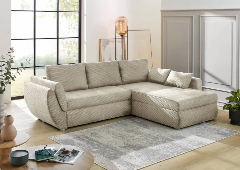 Ecksofa mit Bettfunktion und Bettkasten Greige Microfaser B/H/T: ca. 272x88x200 cm