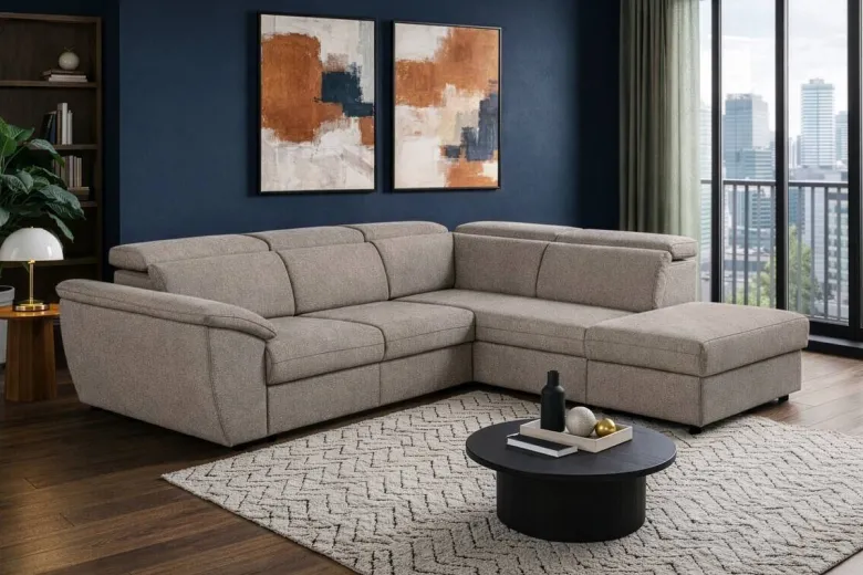 Ecksofa mit Bettfunktion und Bettkasten Greige Flachgewebe B/H/T: ca. 280x108x235 cm